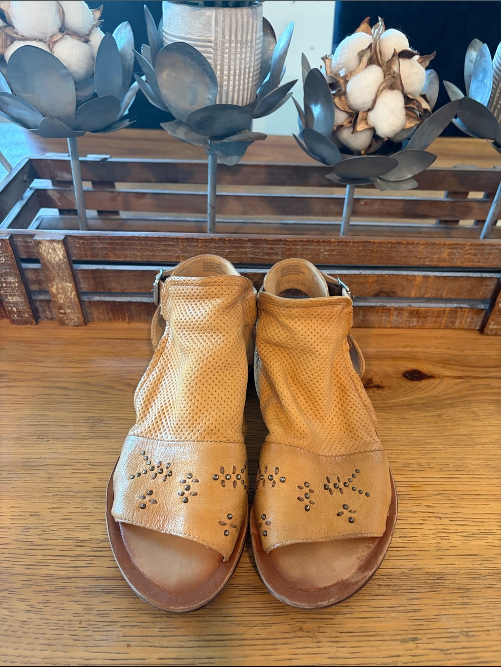Miz Mooz Tan Perforated Leather Open-Toe Sandals with Stud Detail